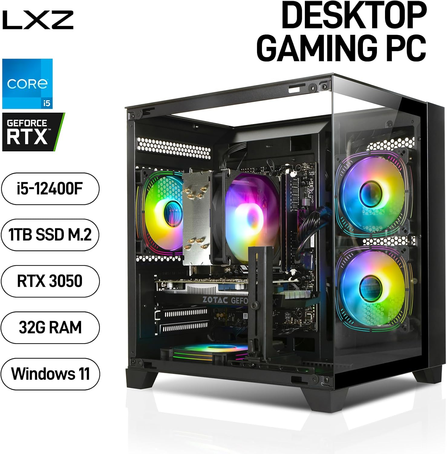 Computadora de escritorio color negro para juegos Intel Core I5-12400F de 6 núcleos de 2.5 GHz, RTX 4060 8G, RAM DDR4 de 32 G, SSD NVME de 1 TB, computadora de torre para juegos preconstruida para el hogar (copia)